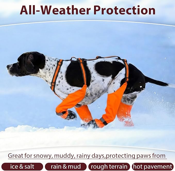 Dog Suspenders Boots, Winter Snow Shoes for Medium Dogs, Waterproof Dog Boots for Rain Mud, Anti-Slip Stay-On for Active Dogs, Adjustable Reflective Paw Protector for Walking Hiking, M Orange