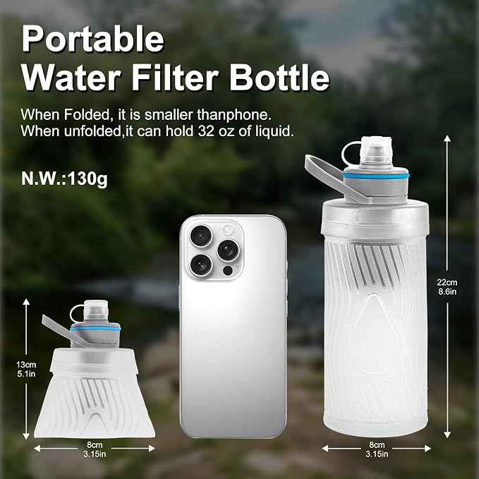 SurviMate 700ml Collapsible Water Filter Bottle,Squeeze Water Filtered Bottle，BPA-Free, Ultra Light Survival Emergency Water Filter，Perfect for Hiking, Backpacking, Camping
