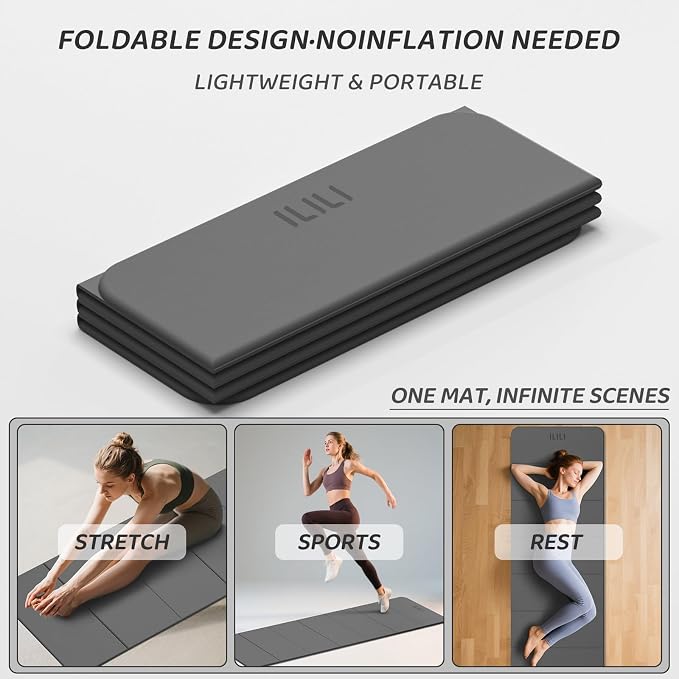 ILILI Foldable Yoga Mat 71 * 24 * 0.3'' - TPE Non-Slip Fitness Mat for Home，Waterproof & Lightweight (2lb) for Home Gym, Pilates & Stretching,Fitness Workouts