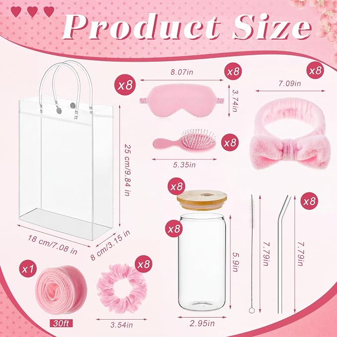 49 Pcs Spa Sleepover Party Supplies for Girls, 8 Set Spa Party Favors, Include Cups, Hairbands, Sleep Eye Mask, Headband, Brush, Tote Bags with Ribbon for Pink Sleepover Birthday Favors