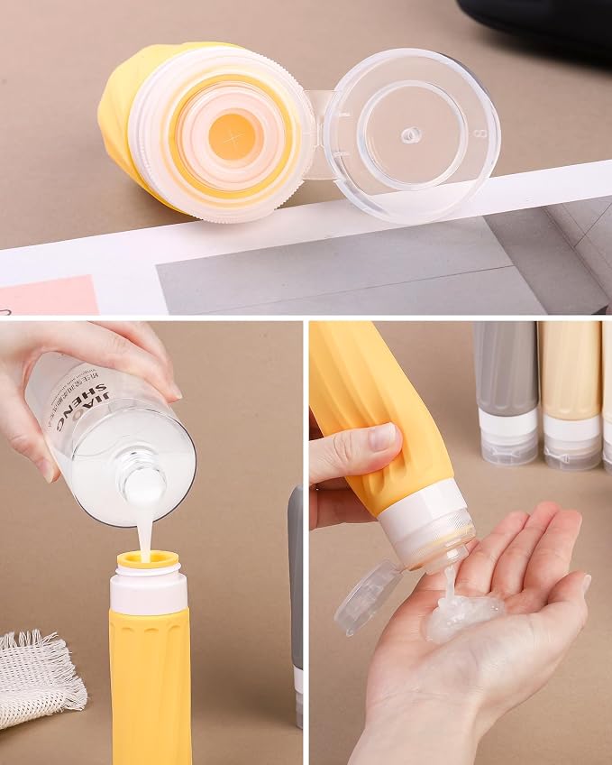 Mrsdry Travel Size Toiletries 8 Pack, TSA Approved 3oz/1oz Silicone Squeezable Creams Jars with Clear Travel Bag