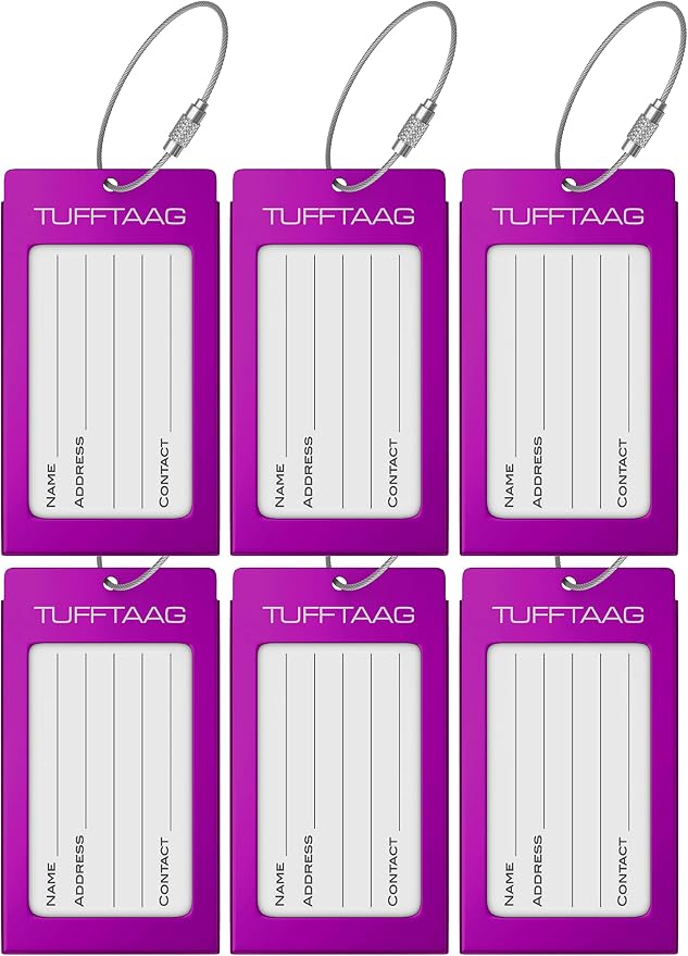 Luggage Tags Business Card Holder by TUFFTAAG - Durable Travel ID Bag Tag, Purple, 6 Tags