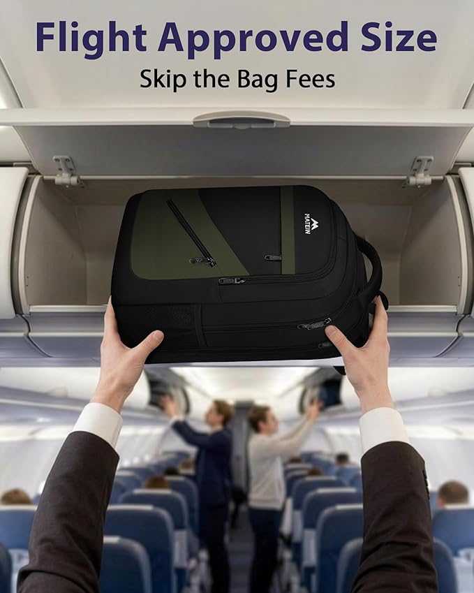 MATEIN 17 Inch Laptop Backpack for Work, Airline Approved Carry On Travel Backpack with Anti Theft Pocket and Luggage Strap, Water Resistant College Computer Daypack Gifts for Men Women, Black Green