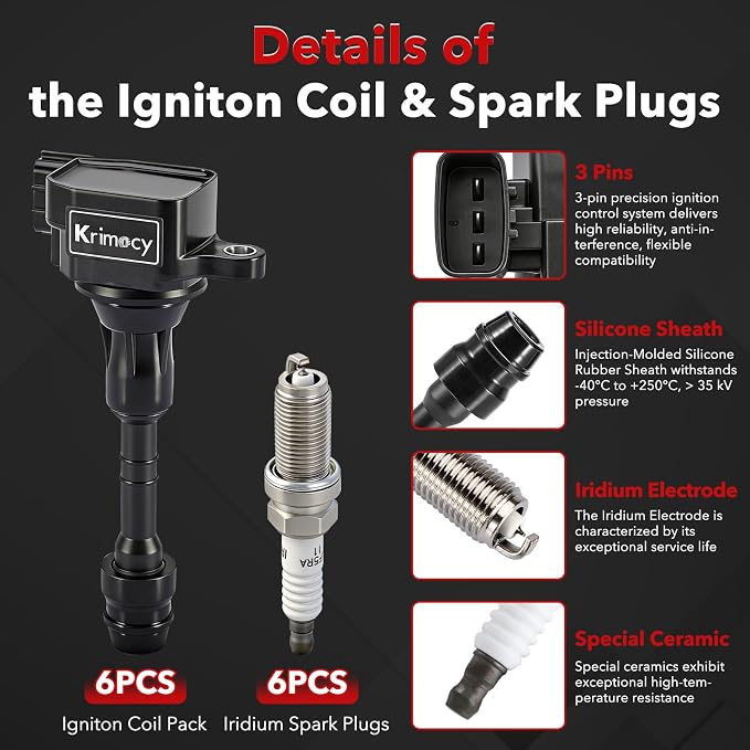 UF401 Ignition Coil Packs and Iridium Spark Plugs Compatible with Nissan Altima Maxima Pathfinder Quest 350Z Frontier Xterra NV1500 NV2500 NV3500/ Infiniti FX35 I35 QX4 G35 M35, set of 6