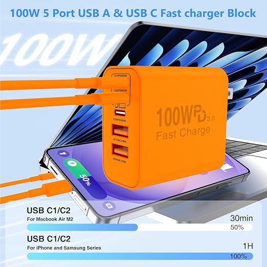 QZIIW USB C Wall Fast Charger Block, 100W 5-Port Type C Fast Charging Block 3 Pack-PD Power Charger Adapter QC 3.0 USB Multiport Charger Brick for iPhone 17 16, Samsung Series MacBook/Air, iPad, etc.