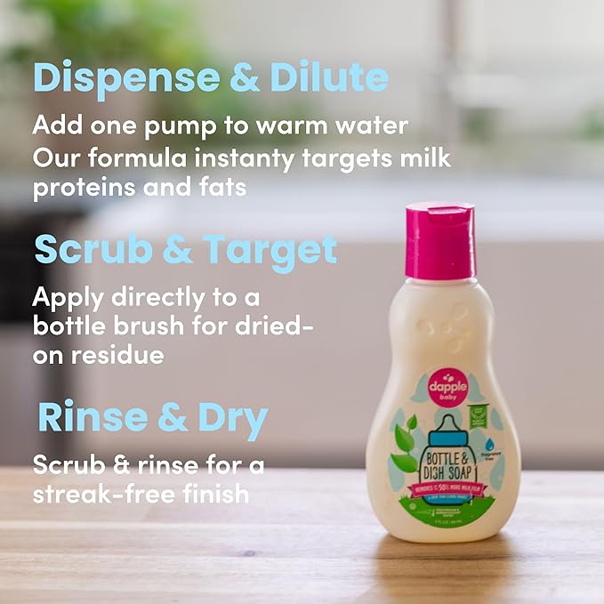 Dapple Baby Fragrance-Free Bottle & Dish Soap - 3 fl oz - Plant-Powered Cleaner for Baby Bottles, Pump Parts, and Sippy Cups - Travel Size