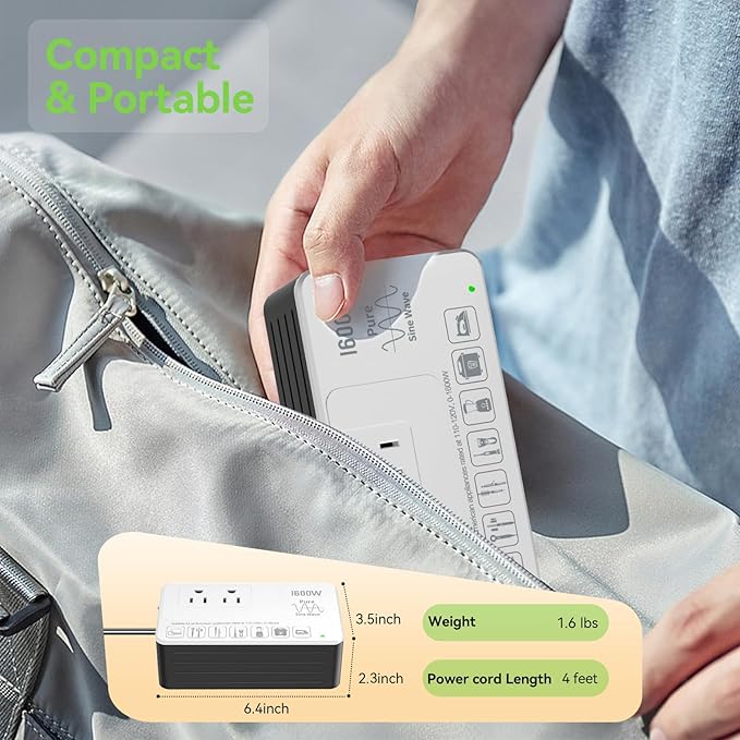 1600W 220V to 110V Voltage Converter, Pure Sine Wave, No Limitations - Power Any American Appliance Overseas, Voltage Converter US to Europe International Travel with Universal Power Plug Adapter