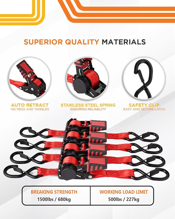 Strapinno 4pcs Retractable Ratchet Straps Bundle 1in x 6ft Ratchet Tie Down with Rubber Coated Steel Handle, S Hooks, Breaking Strength 1500 lbs Each (Red Strap, Black Coated Buckle)