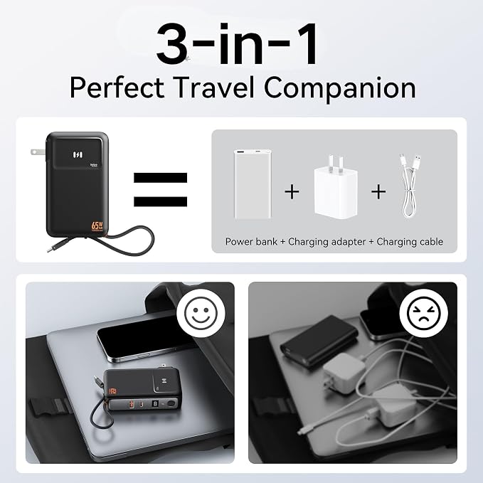 Portable Charger Wall Plug 65W for Laptop, 10000mAh Power Bank Built in Cable, USB-C Phone Battery Pack 35W Fast Charging, Travel Essentials Compatible with iPhone 17 16 15 Samsung iPad MacBook Pro