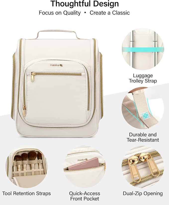 Hanke Hanging Travel Toiletry Bag for Men and Women, Water-Resistant Toiletries Bag Makeup Organizer with Hook, Cosmetic Bag for Bathroom & Travel Essentials Accessories, Off White