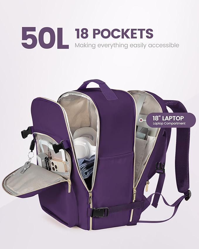 LOVEVOOK 50L Travel Backpack Flight Approved Carry on Backpack,3 Packing Cubes,Waterproof Personal Item Travel Bag,TSA Carry on Luggage Suitcase Travel Essentials,Gifts for Women & Men,fits 18" Laptop