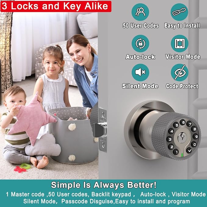 BOTHSTAR Keypad Door Knob with Key,Keyless Entry Door Lock, Code Locks Door Knob, Auto Lock,50 User Code, for Home,Office,Hotel,Bedroom,Garage,Not Deadbolt