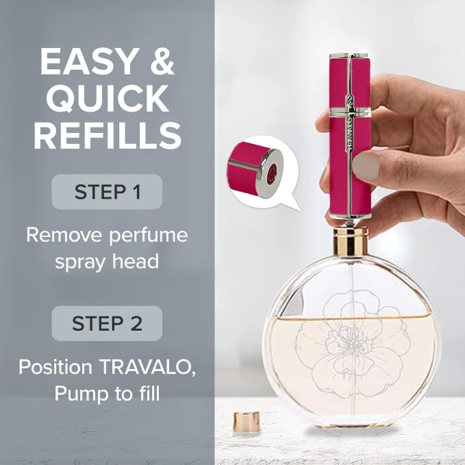 Travalo Milano Perfume Atomizer - Leak-Proof and TSA Approved for Air Travel - Reusable, Airtight, Easy Fill Mini Pump Sprayer - Lightweight Vegan Leather with Polished Metal Outer Shell - Hot Pink