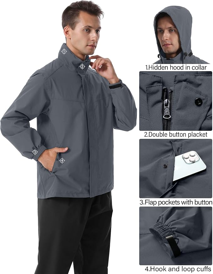 iCreek Rain Suit Waterproof Hooded Rain Gear Breathable Lightweight Packable Rain Jacket Pants Men Women for Hiking Fish Golf