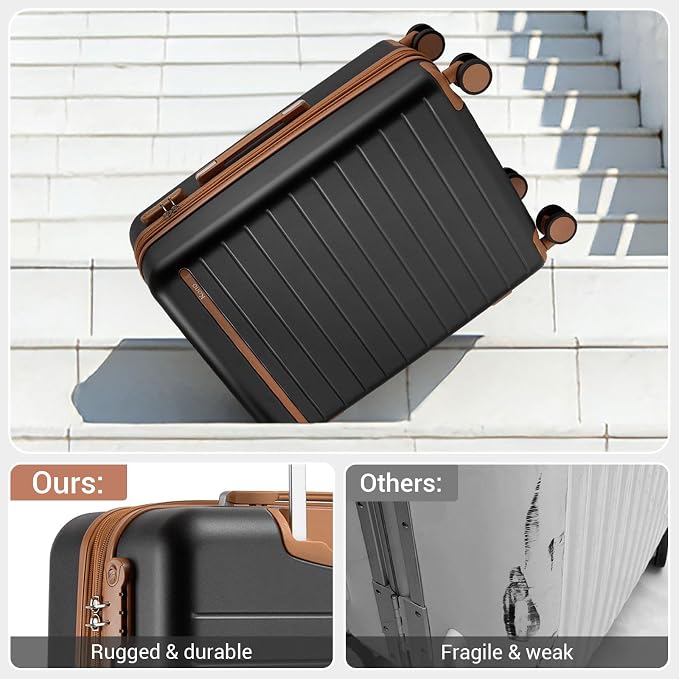 Kono 24 Inch Check In Suitcase Expandable Luggage, Business Travel Suitcase for 5-7 Days, Durable ABS+PC Hardshell with Side Handles & Kick Plates, Double Spinner Silent Wheels, Black/Brown