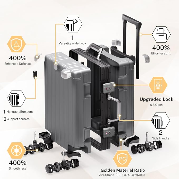 Krute Zipperless Luggage 24 Inch Aluminum Frame Suitcase with Spinner Wheels PC+ABS Hardide Checked Luggage TSA Approved No Zipper Travel Suitcase Gray