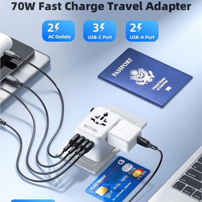 7 in 1 World International Travel Plug Adapter - Powerful GaN Tech 70W with 3X USB-C and 2 USB-A Ports Cruise Approved, Universal Travel Adapter 100V 250V A/C, EU US UK AUS Asia