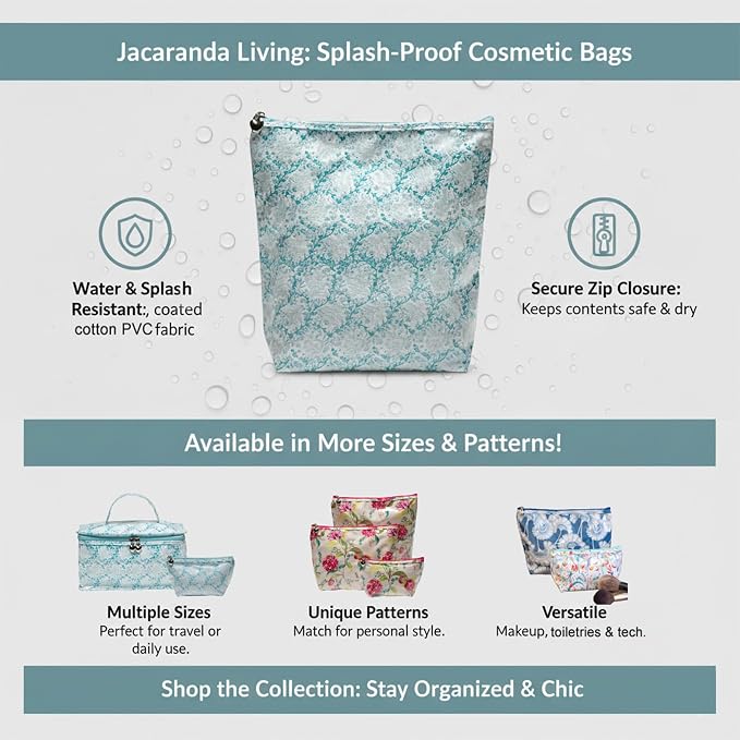 Jacaranda Living Large Cosmetic Bag - Water-Resistant, PVC-Lined - Aqua Trellis