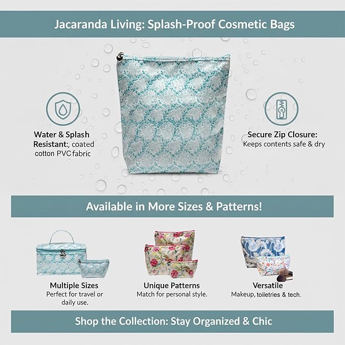 Jacaranda Living Large Cosmetic Bag - Water-Resistant, PVC-Lined - Aqua Trellis