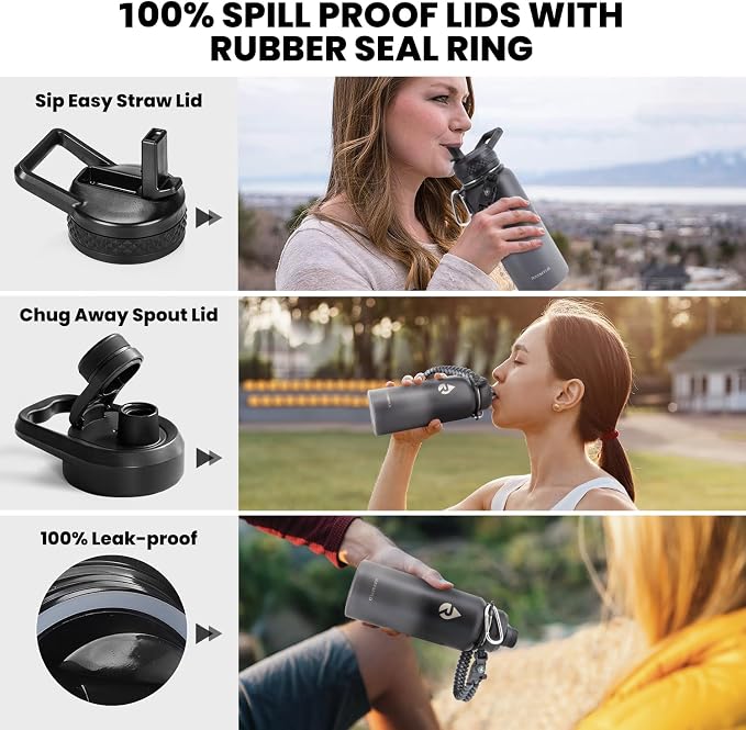 RAYMYLO Insulated Water Bottle 32 oz, Triple Wall Vacuum Stainless Steel (Cold for 24Hrs, Hot for 12Hrs), Leak Proof & Non-BPA, Modern Water Flask Jug with Paracord Handle & Straw Spout Lids