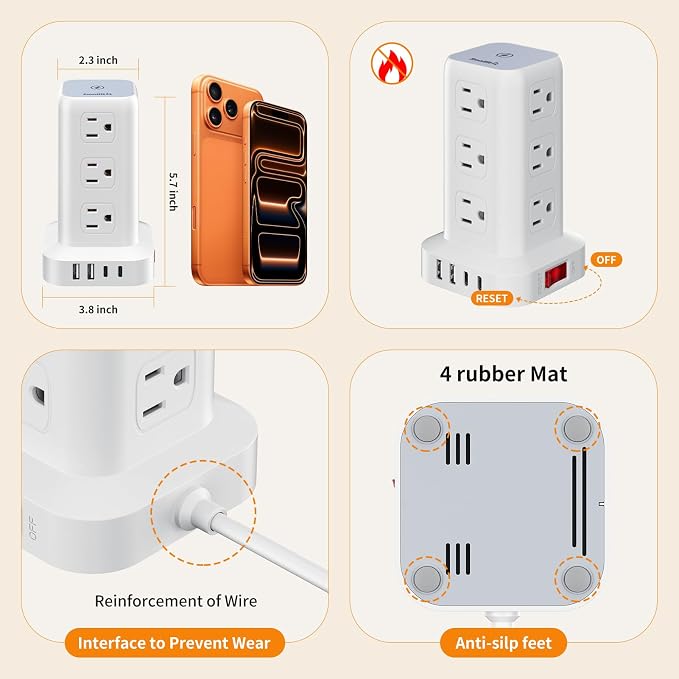 Extension Cord with Multiple Outlets, SMALLRT Surge Protector Power Strip Tower, 10FT Outlet Extender with 12 AC Outlets 4 USB, Power Strip with USB Ports for Home Office Dorm Room,Overload Protection
