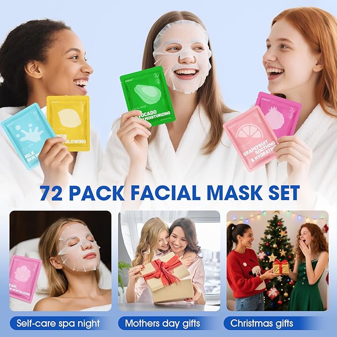 KONEUK 72 Pack Collagen Face Masks Skincare Set for Women, Hydrating & Moisturizing Face Mask for Skin Care, Bulk Sheet Face Masks for All Skin Types, Spa Party Gifts for Women