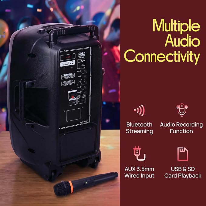 1200W Portable Bluetooth PA Speaker - 12’’ Subwoofer, LED Battery Indicator Lights w/Built-in Rechargeable Battery, MP3/USB/SD Card Reader, and UHF Wireless Microphone - Pyle PSBT125A