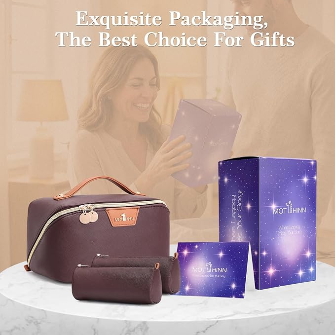 Travel Makeup Bag for Women: 3-in-1 Large Capacity Cosmetics Organizer with 2 Detachable Pouch - Vegan Leather Flat Open Toiletry Bag - Travel Essentials for Full-Sized Bottles(Coffee)
