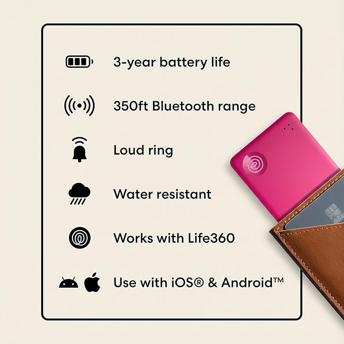 Tile by Life360 Slim - Wallet Finder, Bluetooth Tracker and Item Locator for Luggage Tags, Passports and More. Both iOS and Android Compatible. Phone Finder. 1-Pack (Pink Punch)