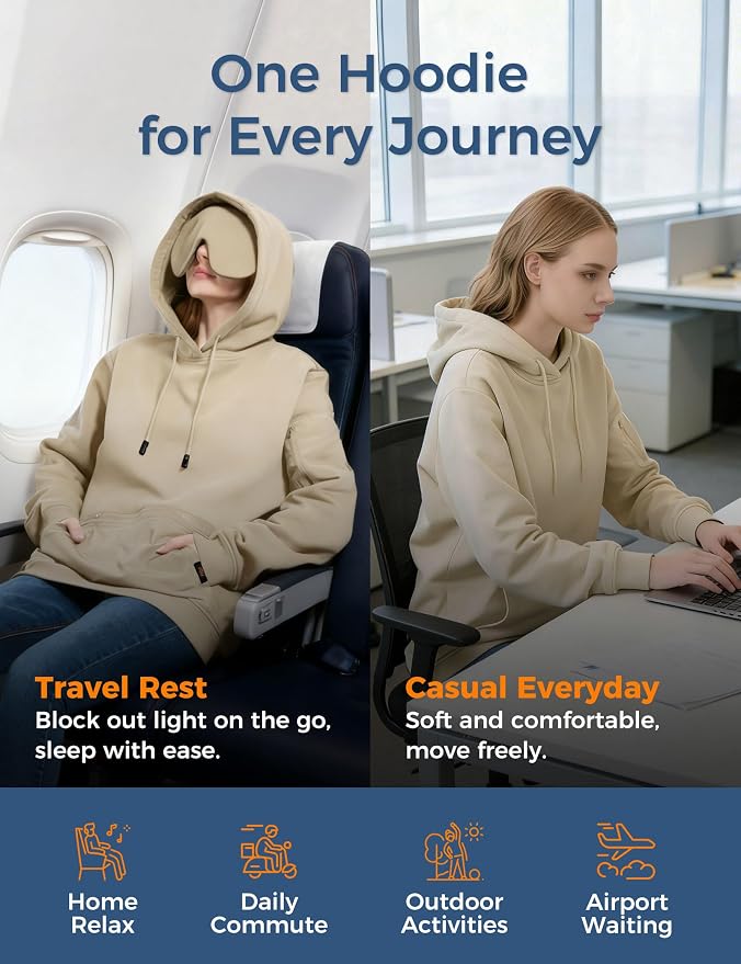 Travel Hoodie with Built-In Eye Mask for Airplane Travel Breathable Comfort Pullover Sweatshirt Multiple Pockets