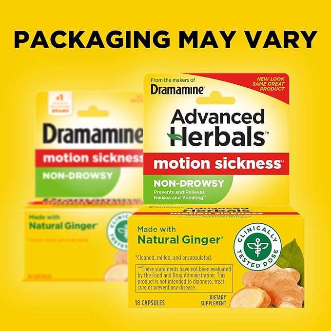 Dramamine Motion Sickness Relief Ginger Capsules, 18 Count & Less Drowsy Chewable Tablets, Raspberry Cream, 12 Count