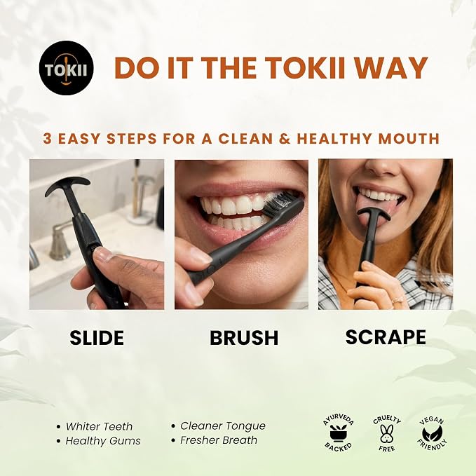 TOKII Tongue Scraper & Tongue Cleaner for Adults, 2-in-1 Toothbrush with Sliding Tongue Scraper, Charcoal Ultra Soft Bristles, Ayurvedic-Inspired, Includes Travel Toothbrush, Stand & Waterproof Pouch