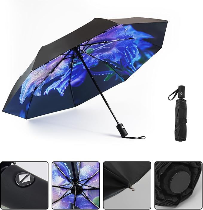 SY COMPACT Travel Umbrella - Windproof Automatic Compact Umbrella for Rain, Lightest 8-Rib, Small, Strong & Portable, Durable Grip, Fits Backpack & Car, Factory Direct (UV Available)