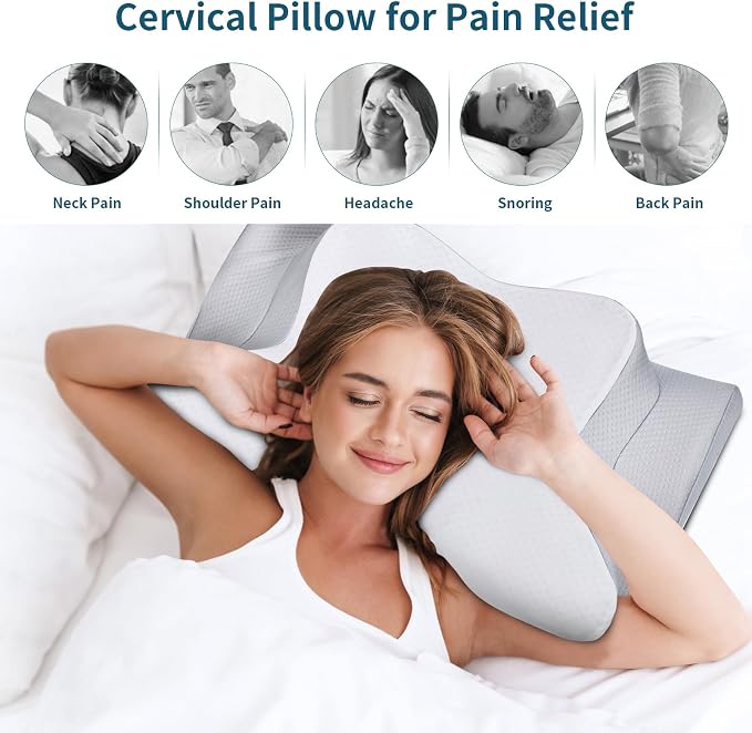Cervicac了Neck Pillow for Pain Relief - Ergonomic Side Sleeper Pillow for Neck Support, Contour Orthopedic Cervical Pillow for Sleeping, Cooling Memory Foam Pillows for Back Sleepers (Grey)
