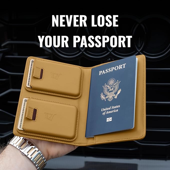 Kings Loot Passport Holder Wallet – RFID Blocking Leather Travel Wallet with Built-in Airtag Holder – Holds 1-6 Cards & Passport – Easy Pull Tab – Slim & Stylish Wallets (Driftwood)