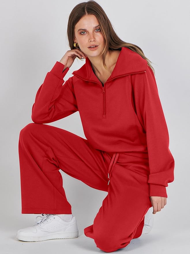 ANRABESS Women’s 2 Piece Outfits Half Zip Sweatshirt & Wide Leg Pants Airport Travel Lounge Matching Sets Sweatsuits Clothing