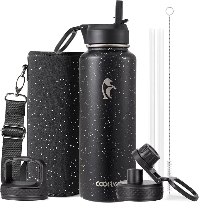 Coolflask Water Bottle 40 oz Insulated with Straw, Stainless Steel Metal 3 Lids Water Flask for Sports or Office, Keep Cold 48H Hot 24H, Starry Night