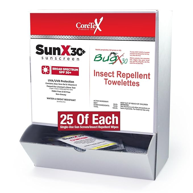 CoreTex Sun X 30+ & Bug X 30 Combo Pack - Includes 50 Total Packets in Wallmount Box - 25 Lotion Pouches & 25 Insect Repellent Towelettes