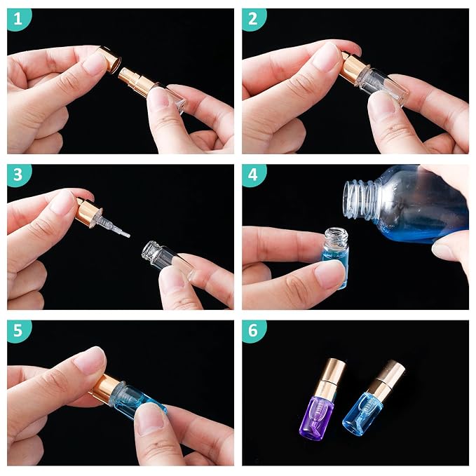 Zhehao 10 Pcs Mini Spray Bottles 2 ml Clear Glass Perfume Bottles Refillable Fine Mist Perfume Atomizer Portable Empty Sample Containers for Cleaning, Essential Oils, Travel (Gold Cap)