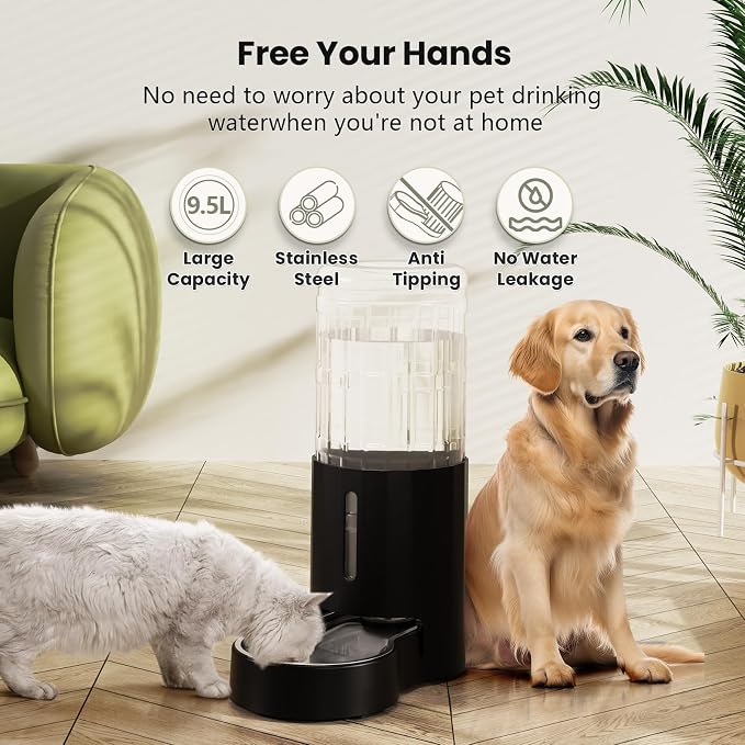 CZPET Dog Water Bowl Dispenser 9.5L, Wider Mouth & Upgraded Brush, Easy Cleaning Automatic Cat Gravity Refilling Waterer with Removable Stainless Steel Bowl, Large Drinking Area for Multi-Pet (Black)