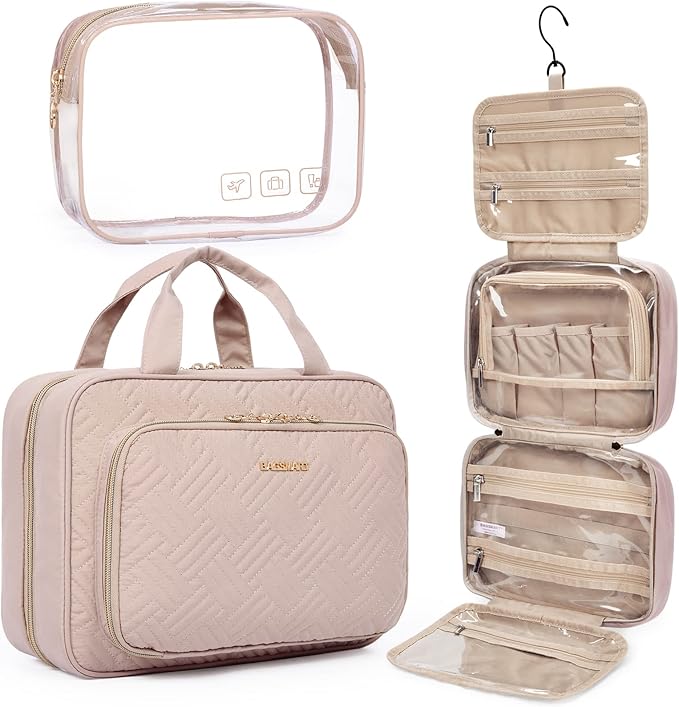 BAGSMART Toiletry Bag Hanging Travel Makeup Organizer with TSA Approved Transparent Cosmetic Bag Makeup Bag for Full Sized Toiletries, Medium-Pink