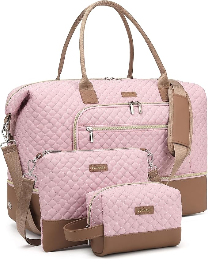 Weekender Bags for Women Travel, Under Seat Carry On Bags for Airplanes Overnight Bag with Shoe Compartment Luggage Sleeve, Foldie Travel Tote Bag Hospital Bag, Travel Gifts, Pink Brown