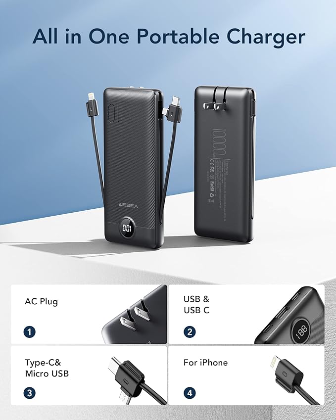 VEGER Portable Charger Power Bank with Built-in AC Plug and Cables, All in One 10000mAh Ultra Slim Travel Essentials, Fast Charging Battery Pack Compatible with iPhone, Samsung, Android, Black