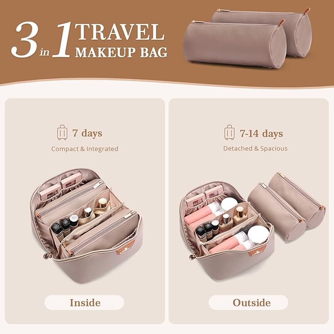 Travel Makeup Bag for Women: 3-in-1 Large Capacity Cosmetics Organizer with 2 Detachable Pouch - Vegan Leather Flat Open Toiletry Bag - Portable Travel Essentials for Full-Sized Bottles(Grey)