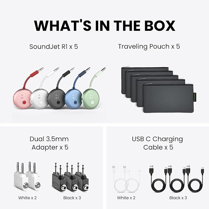 Avantree SoundJet R1 – 25Hr Airplane Bluetooth Adapter for All AirPods | Qualcomm Chipset & aptX Adaptive, Wireless Audio Transmitter for Flight Travel, Works with Bose & Other Headphones