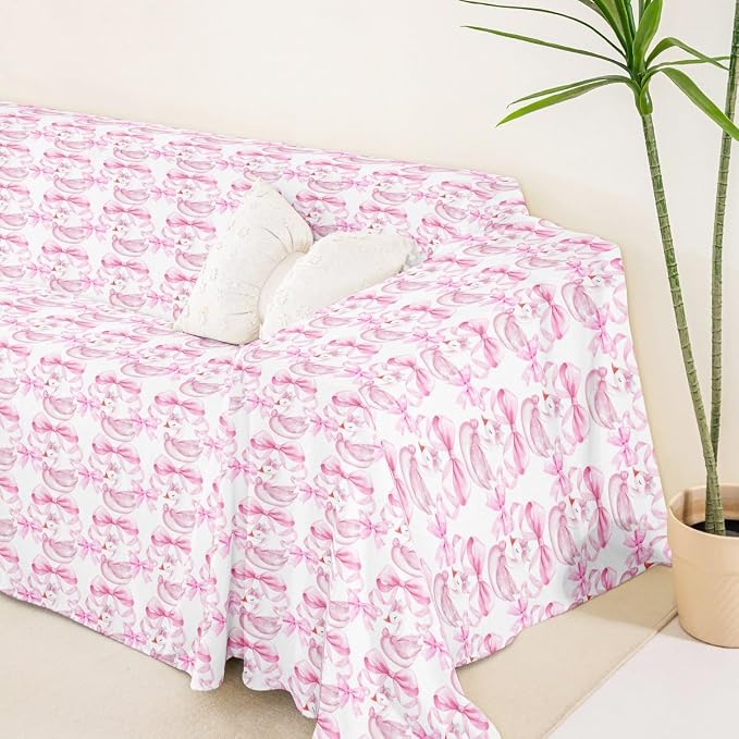 Erosebridal Pink Bow Couch Cover for Pets,Kawaii White Swan Couch Covers for 2 Cushion Couch Sofa,Cute Ribbon Bowknot Sofa Slipcover Dreamy Princess Style Bow Tie Throw Couch for Dogs,Kids,71" x 118"