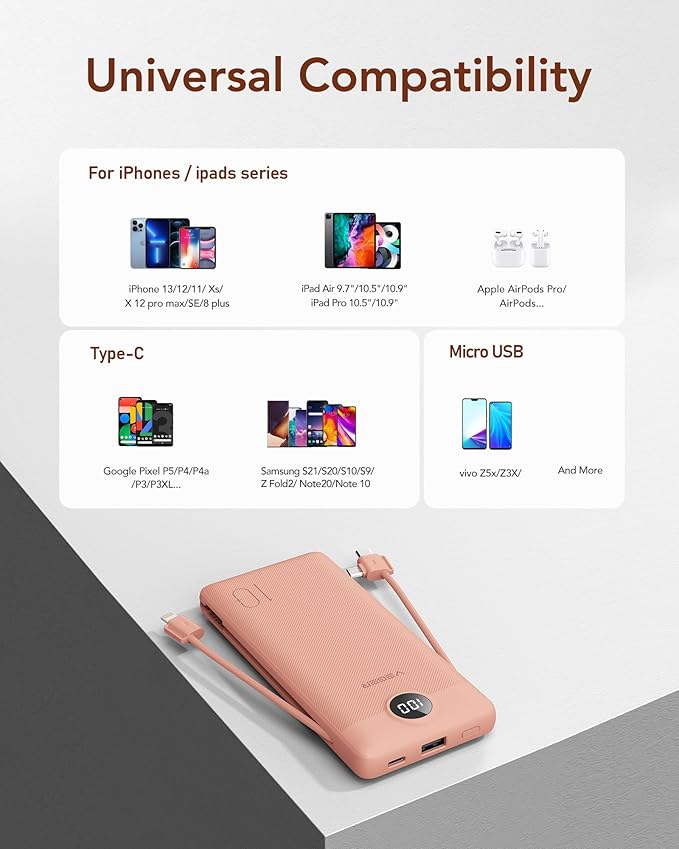 VEGER Portable Charger Power Bank with Built-in AC Plug and Cables, All in One 10000mAh Ultra Slim Travel Essentials, Fast Charging Battery Pack Compatible with iPhone, Samsung, More, Dark Pink