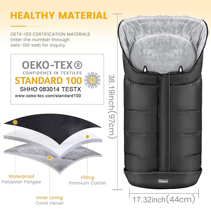 Orzbow Stroller Footmuff Universal - Weather-Proof Bunting Bag for Toddler, Warm Fleece Sleeping Bag for Cold Weather, Easily Attaches to Most Strollers, Baby Boys Girls Winter Essentials, Black