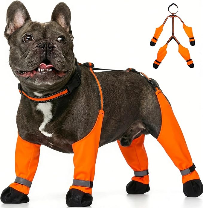 Dog Suspenders Boots, Winter Snow Shoes for Medium Dogs, Waterproof Dog Boots for Rain Mud, Anti-Slip Stay-On for Active Dogs, Adjustable Reflective Paw Protector for Walking Hiking, L Orange