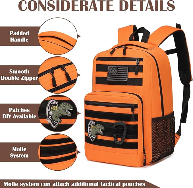 Kids Tactical Backpack Army Molle Bookbag Military Boys Backpack for School, Outdoor, Camping, Orange